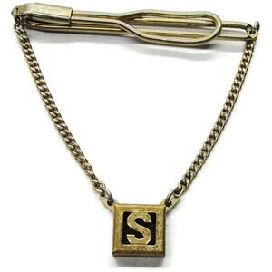 "S" Initial Signed Swank Hanging Neck Tie Bar Gold Tone Square